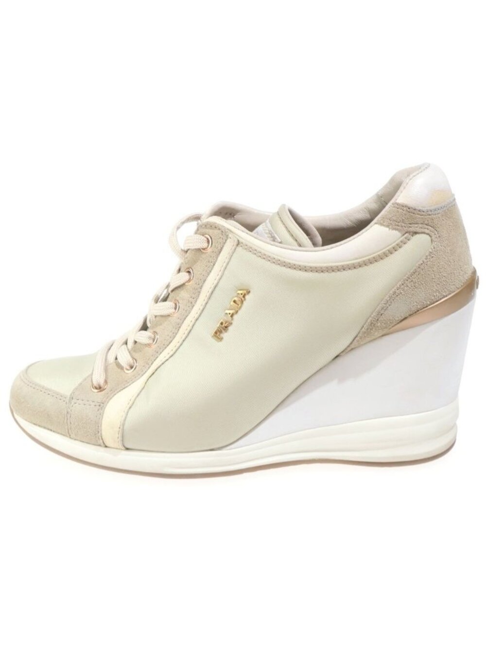 Prada Calzature Donna Wedge Sole Nylon Sneakers Suede Logo White Light